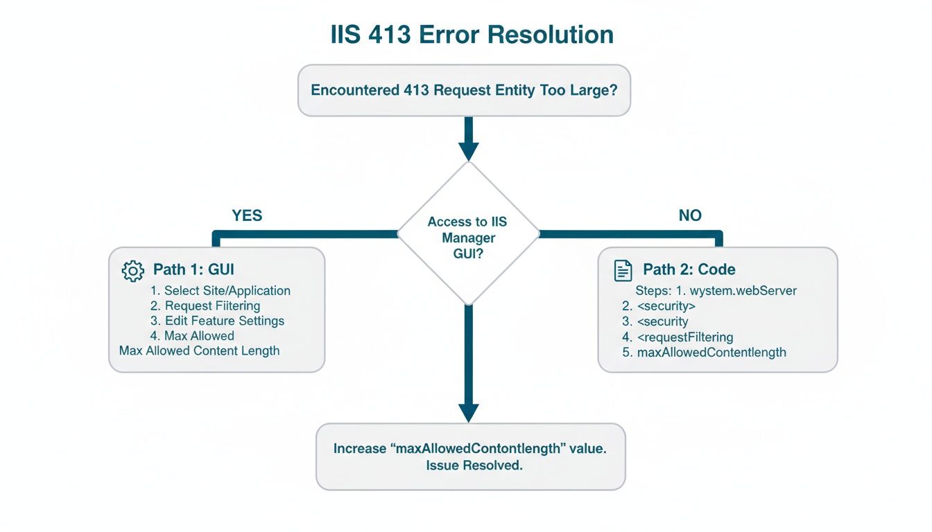 A flowchart detailing steps to resolve an IIS 413 Request Entity Too Large error, using GUI or code.