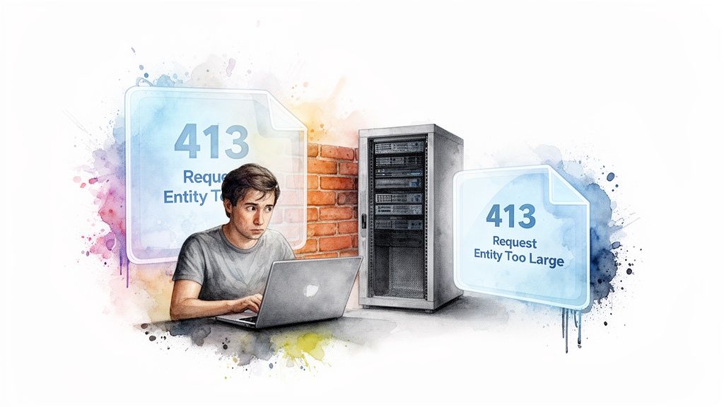A worried man with a laptop encounters a '413 Request Entity Too Large' error message, with a server rack nearby.