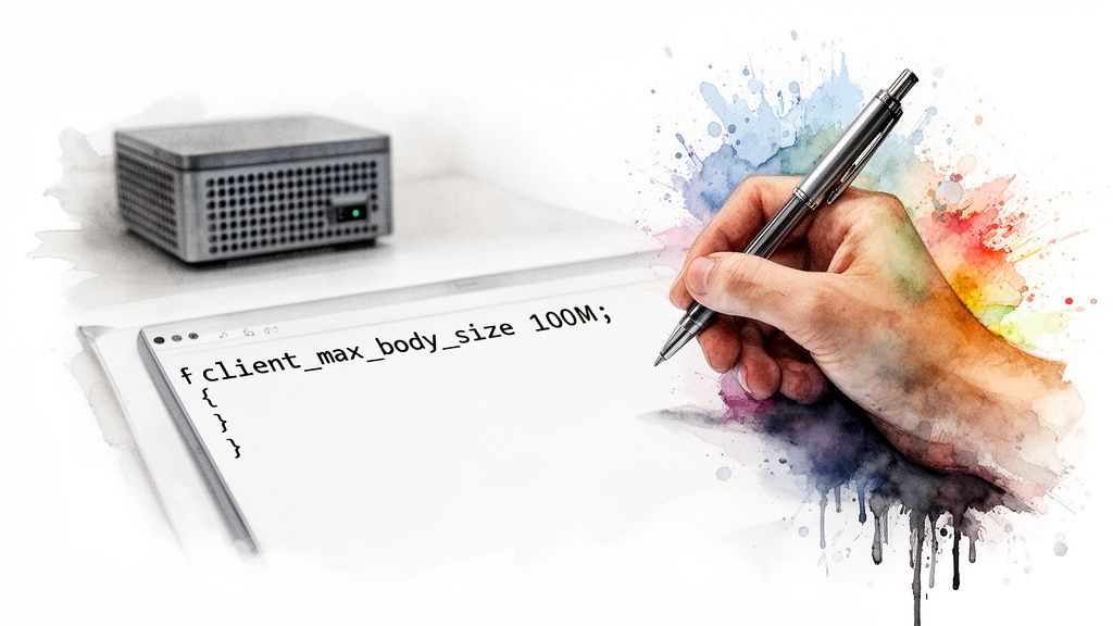A watercolor illustration of a hand writing server configuration code `client_max_body_size` on a screen, with a server box.