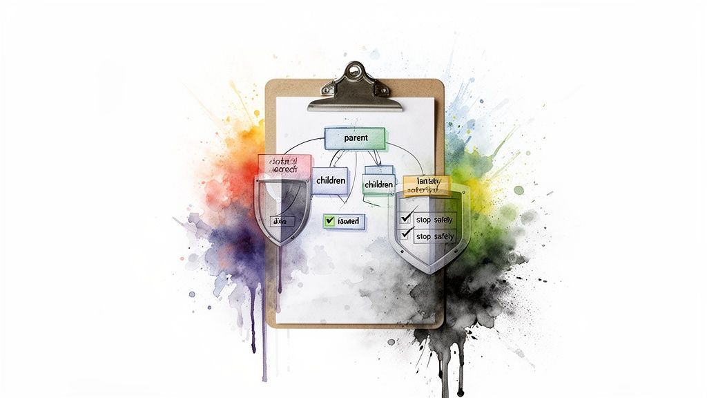 Watercolor diagram on a clipboard showing a parent-child structure and data security concepts.