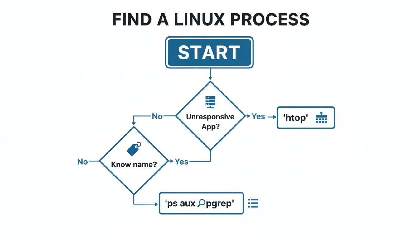 Flowchart illustrating steps to find a Linux process using htop or ps aux pgrep commands.
