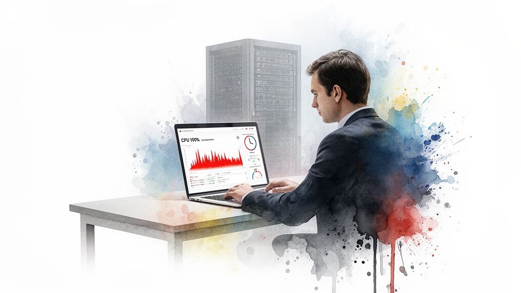 Man monitoring system performance and CPU usage on a laptop near server racks.