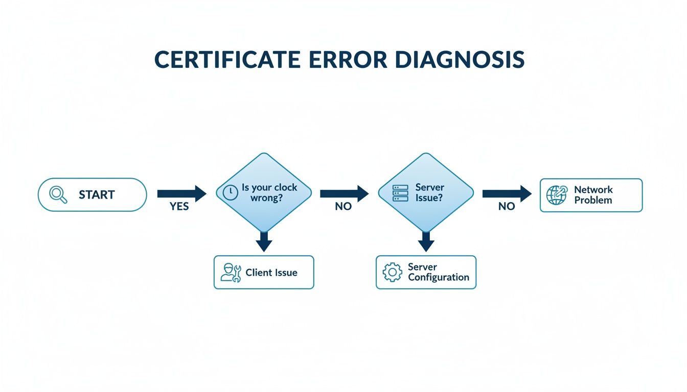 A flowchart diagnosing certificate errors, guiding users to check client clock, server, or network issues.