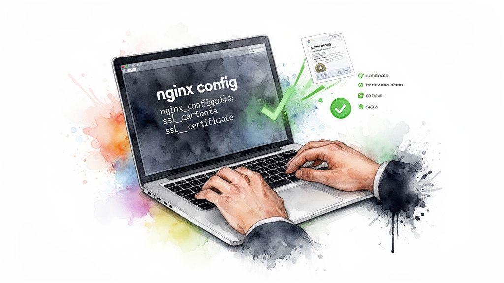 Illustration of hands configuring Nginx SSL certificates on a laptop with successful validation icons.