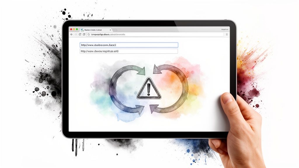 Tablet displaying a web browser with URLs, a warning symbol, and circular arrows amidst watercolor splatters.