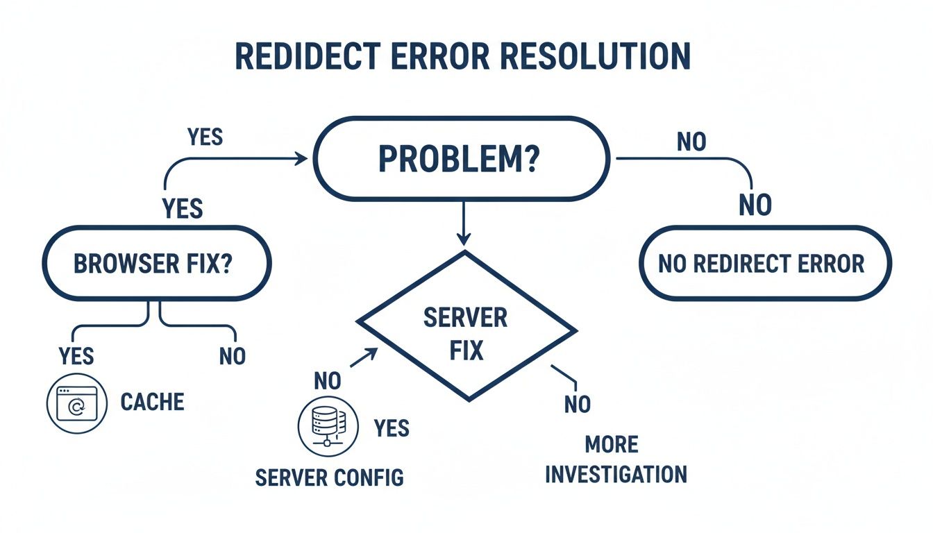 A flowchart illustrating the step-by-step process for resolving redirect errors in websites.