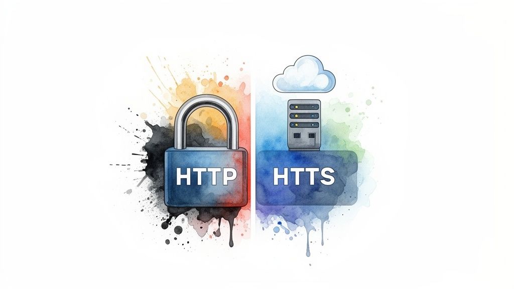 Visual comparison of HTTP (padlock) and HTTPS (server, cloud), illustrating secure web protocols.