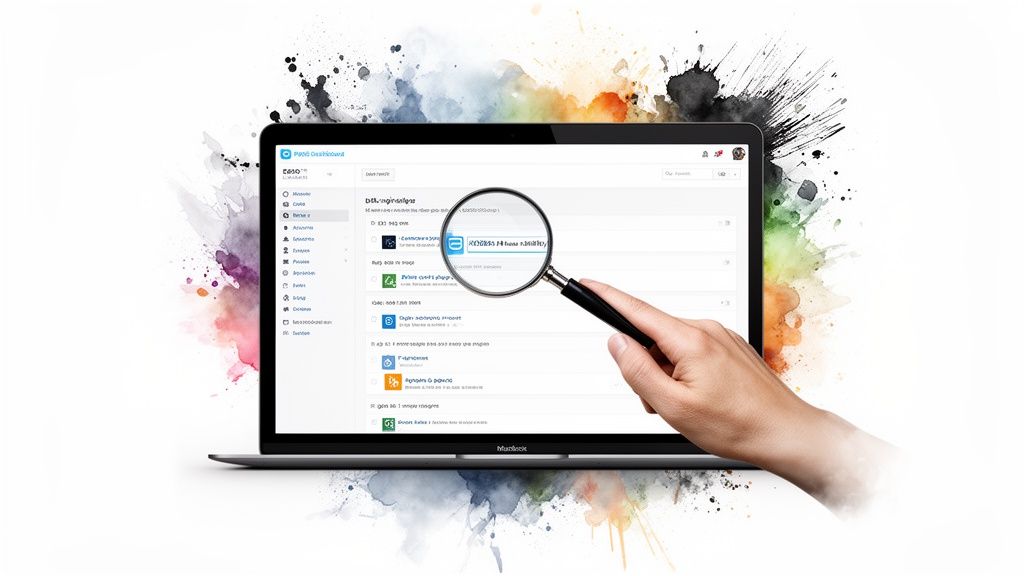Laptop displaying a dashboard with a magnifying glass held by a hand over an Intel logo, surrounded by watercolor splashes.