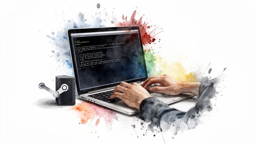 A person types on a laptop displaying code, next to a Steam device, surrounded by colorful watercolor splashes.