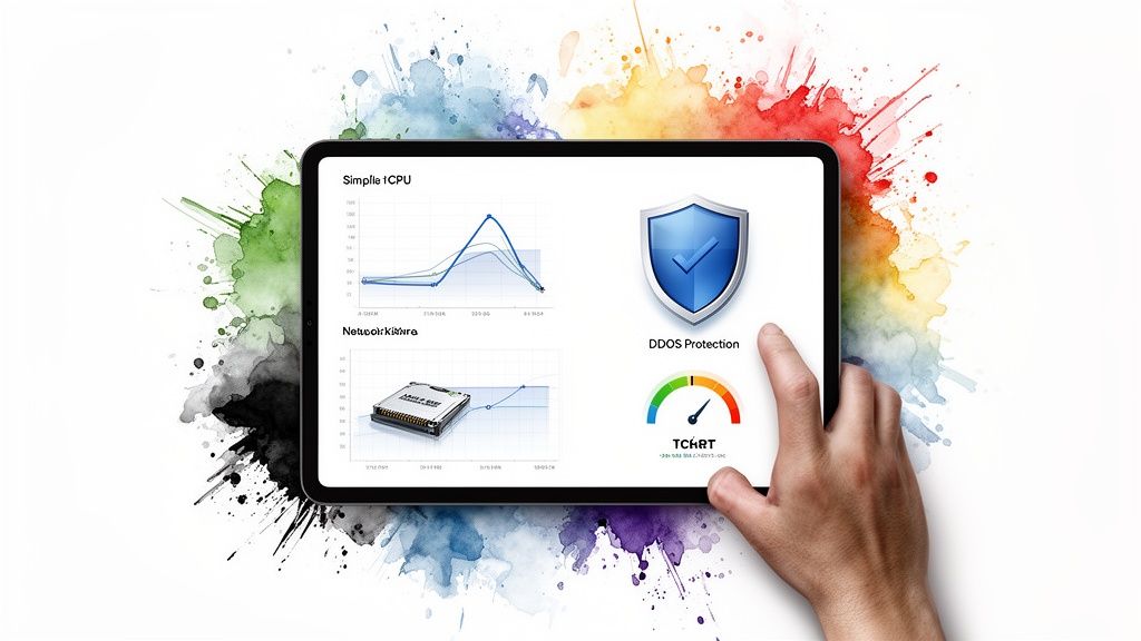 A hand interacts with a tablet displaying data analytics, DDOS protection, and performance metrics, set against colorful splashes.