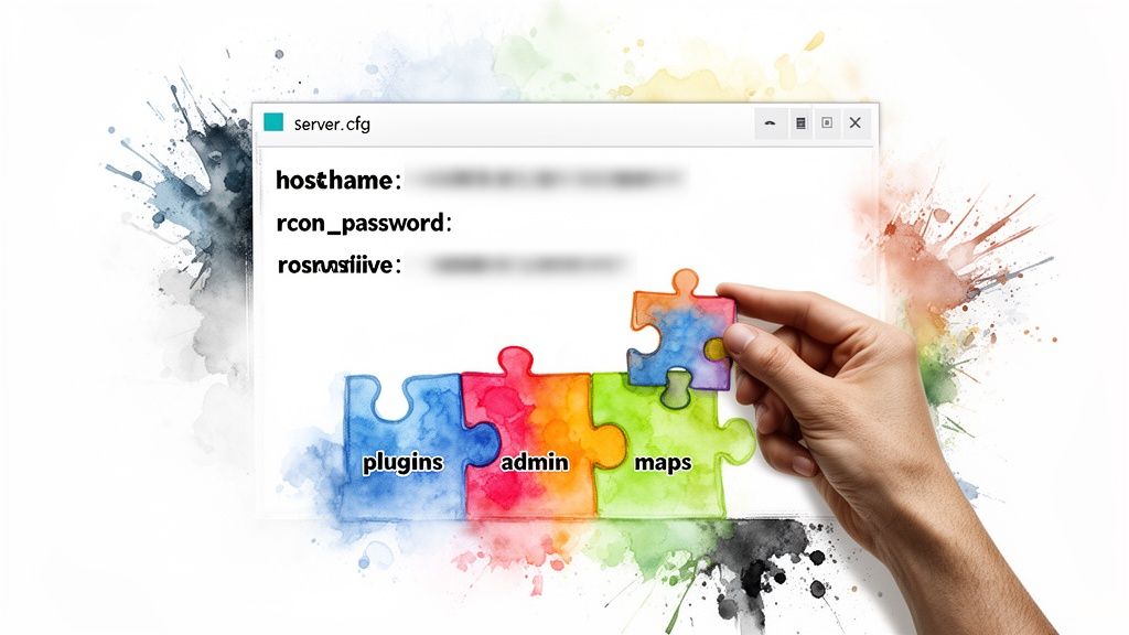 A hand placing a puzzle piece, symbolizing server management, alongside a 'server.cfg' file.