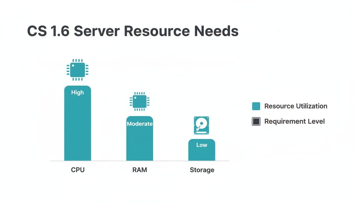 Bar chart illustrating CS 1.6 server resource needs: High CPU, Moderate RAM, and Low Storage.