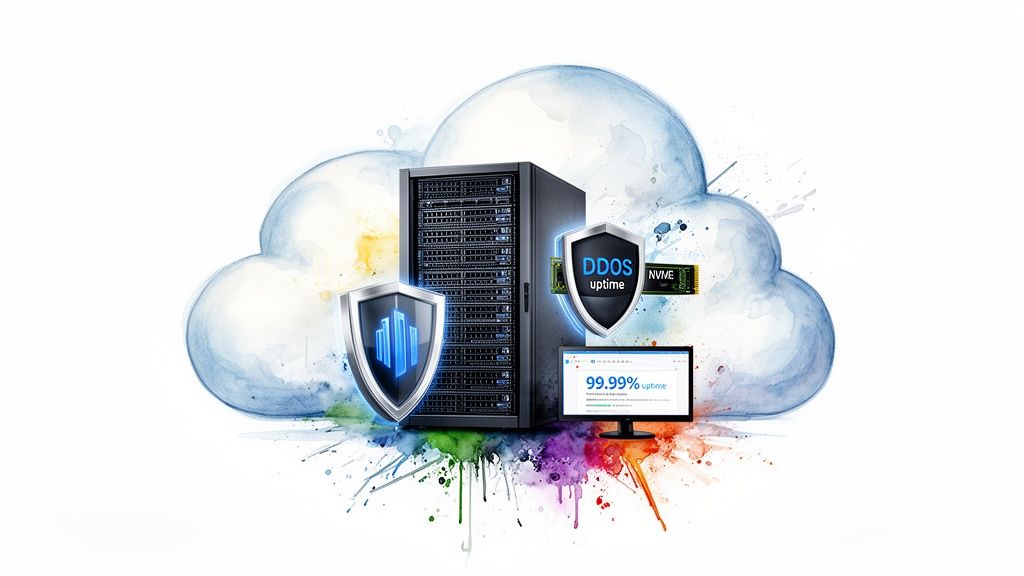 Cloud computing server infrastructure with security, DDoS protection, NVMe, and high 99.99% uptime.