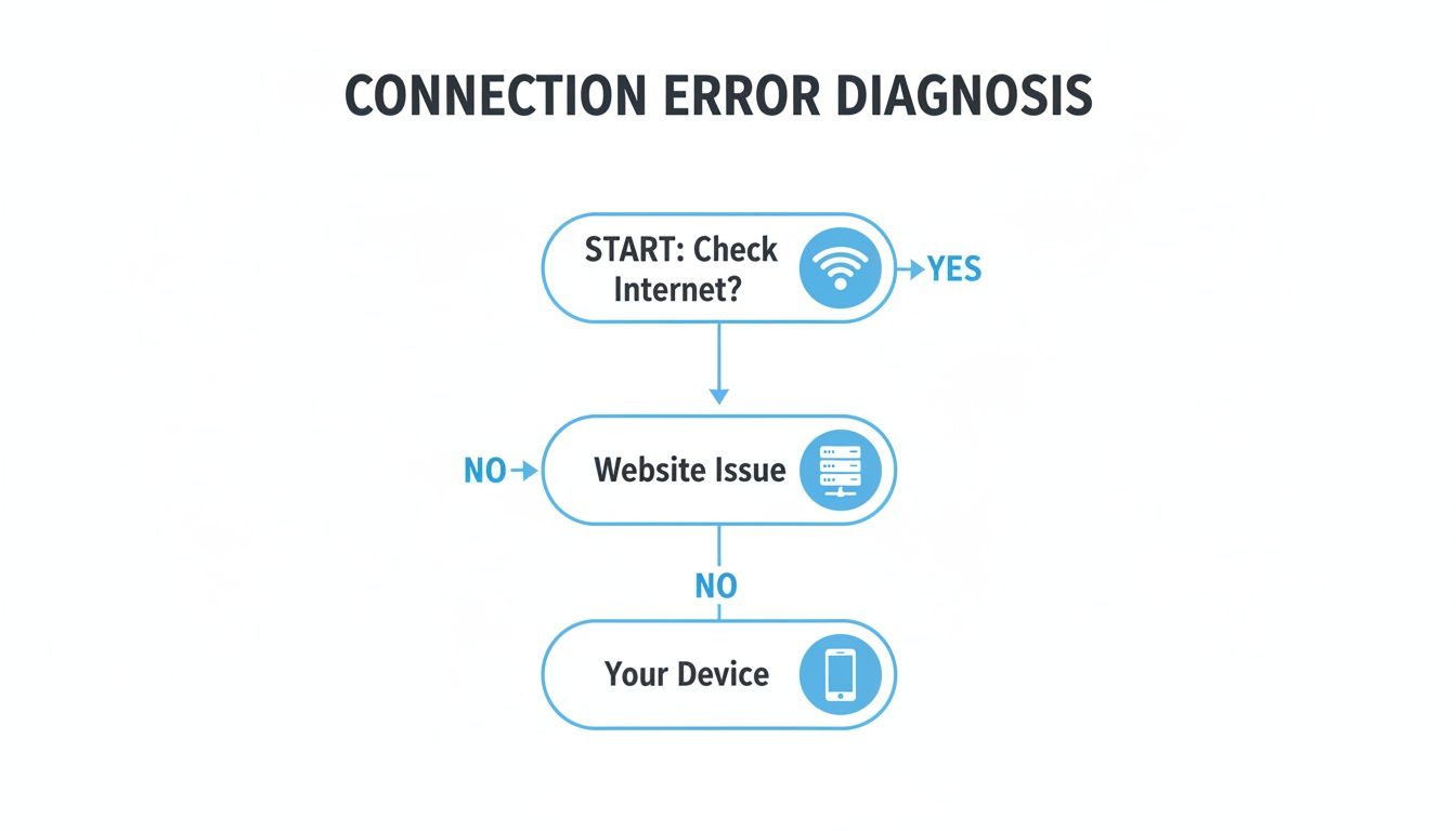A diagnostic flowchart for internet connection errors, guiding users to check internet, website, and device.
