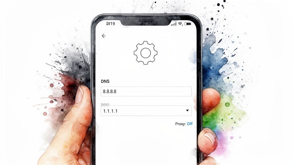A hand holds a smartphone displaying DNS settings with 8.8.8.8 and 1.1.1.1 in watercolor style.