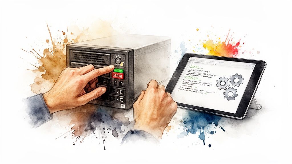 Hands interact with an industrial control panel next to a tablet showing code and gears.