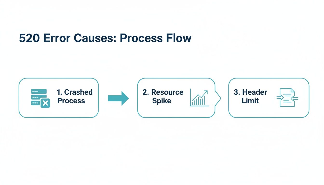 Process flow diagram showing 520 error causes: crashed process, resource spike, and header limit.