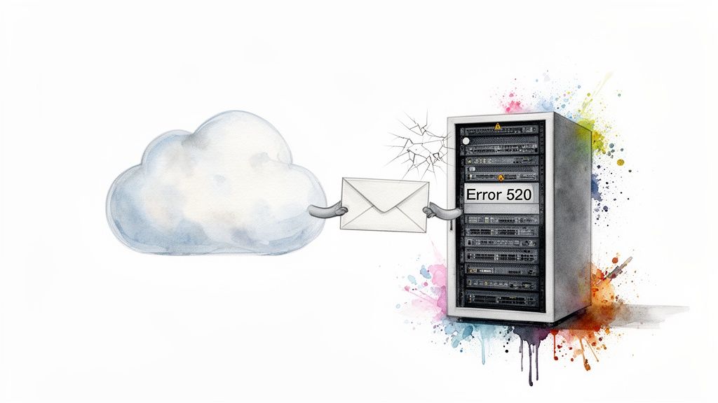 A cloud sends a message to a cracked server rack displaying an 'Error 520' code.