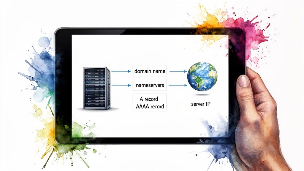 Diagram explaining DNS resolution process: server rack, domain name, nameservers, A/AAAA records mapping to server IP on a tablet.