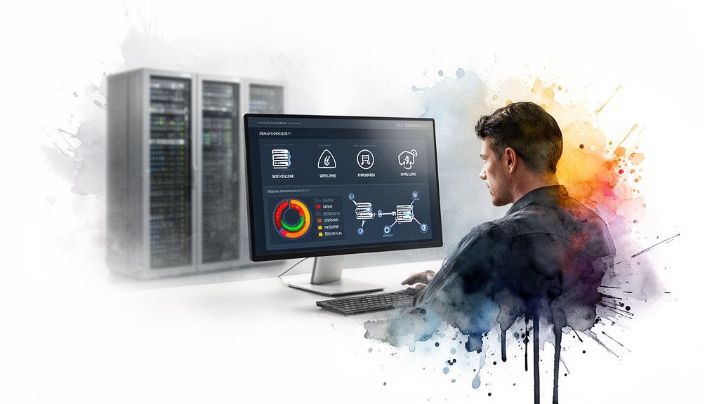Man monitors server data on a computer dashboard with server racks in the background.