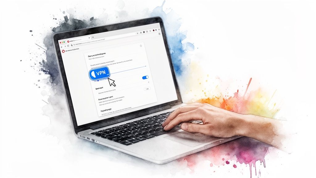 A hand interacts with a laptop screen displaying a web browser and a VPN button, surrounded by watercolor art.
