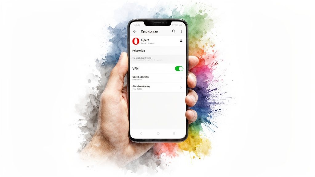 A hand holds a smartphone displaying the Opera browser settings with VPN enabled.