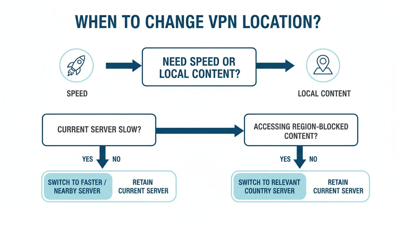 Flowchart illustrating when to change VPN location for better speed or to access region-blocked content.