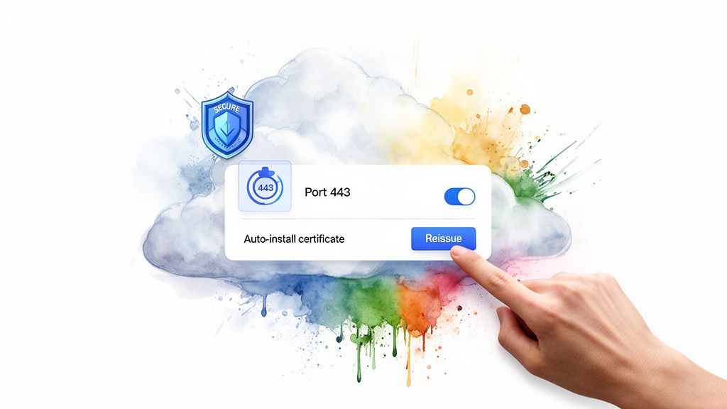 A hand taps 'Reissue' on a dialog managing secure certificate installation for Port 443.