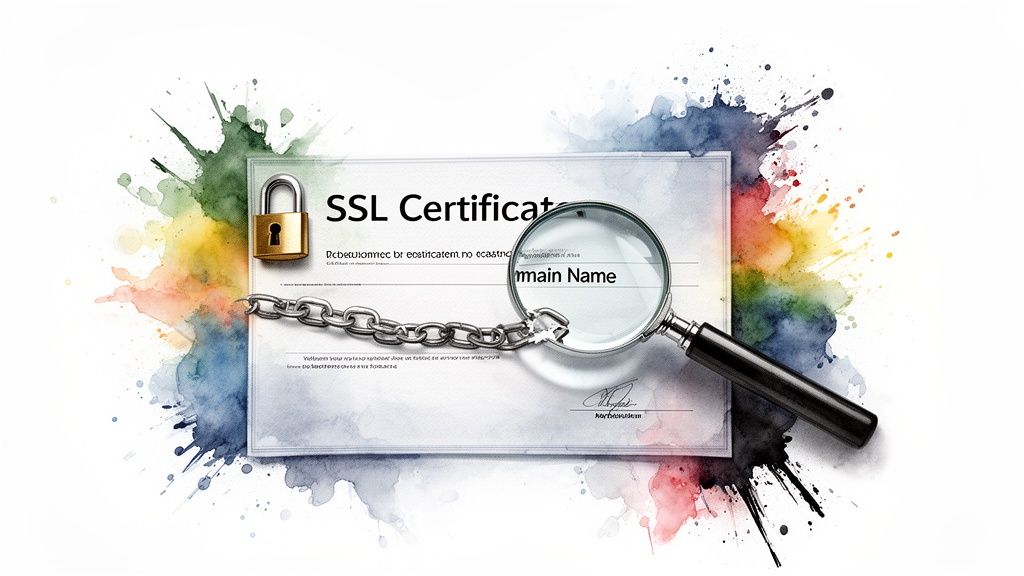 An SSL Certificate document with a golden padlock, chain, and magnifying glass inspecting a domain name, symbolizing secure website connections.