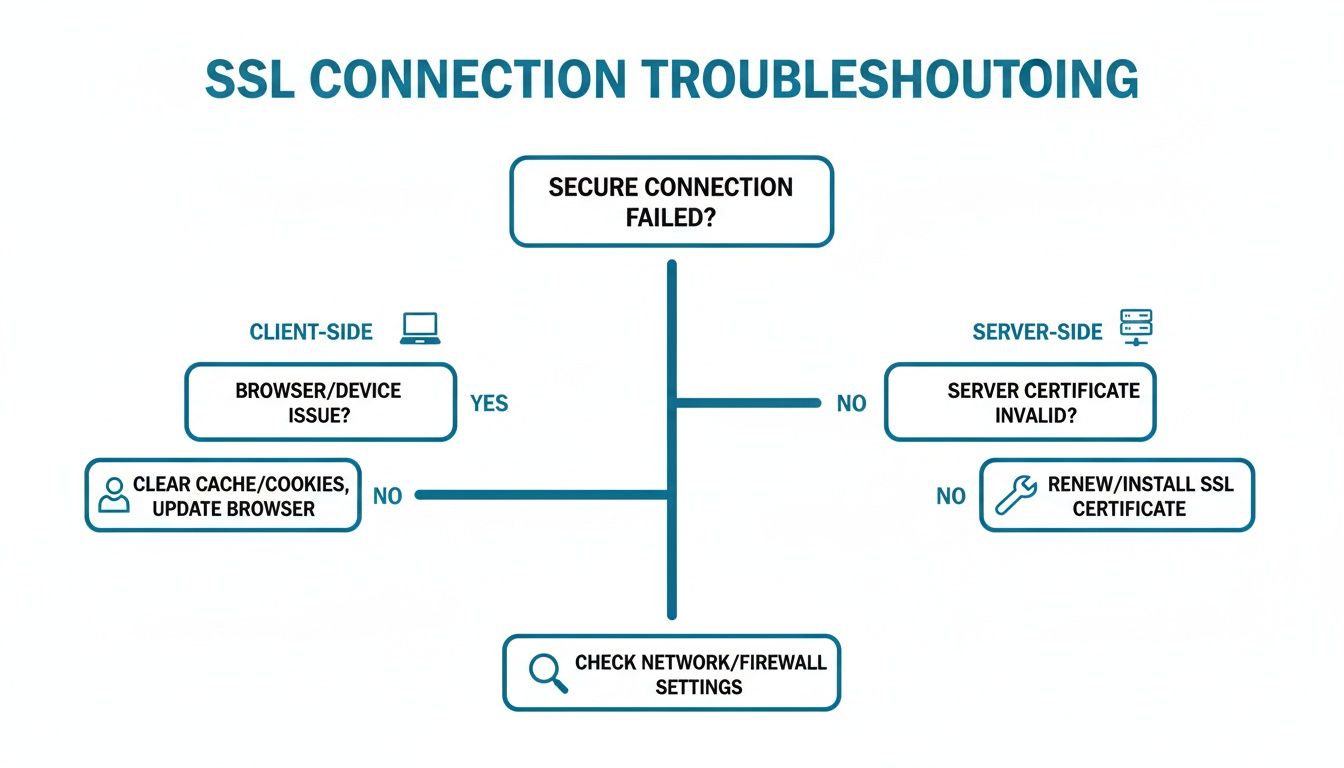 Flowchart illustrating SSL connection troubleshooting steps, covering client-side, server-side, and network/firewall issues.