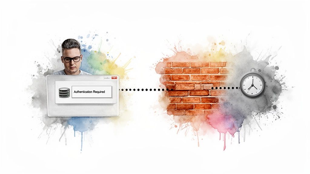 A man faces an authentication prompt, with a firewall and clock symbolizing security and time constraints.
