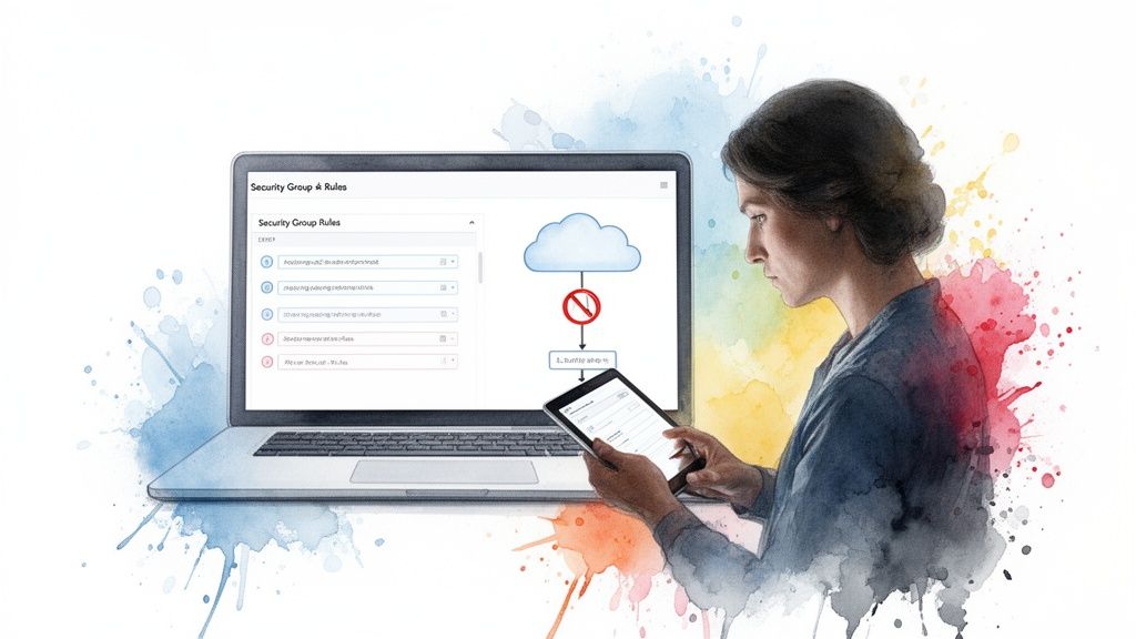 Person managing cloud security rules on a laptop, interacting with a tablet for network control.