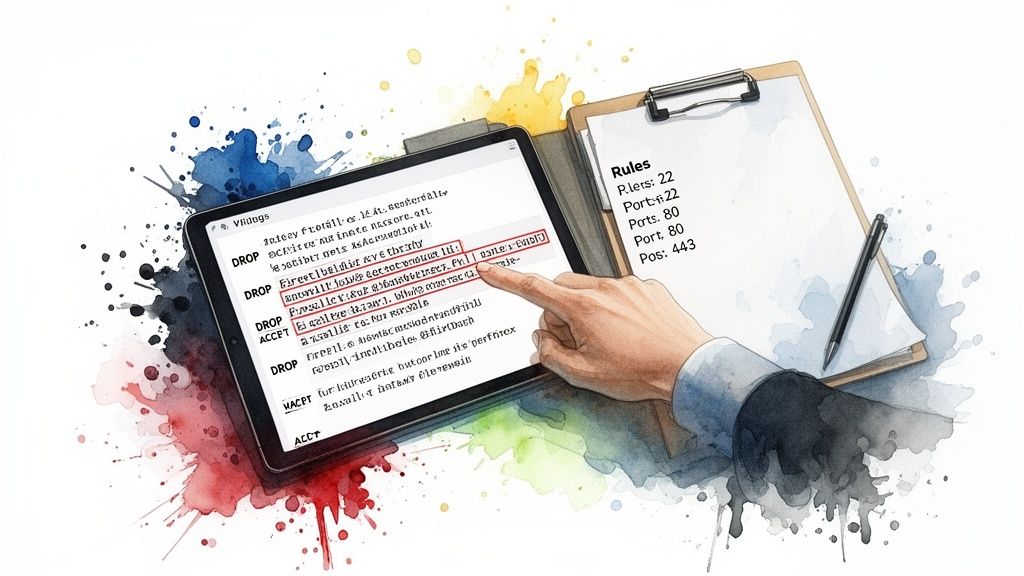 Watercolor illustration of a hand managing network rules on a tablet and a clipboard.