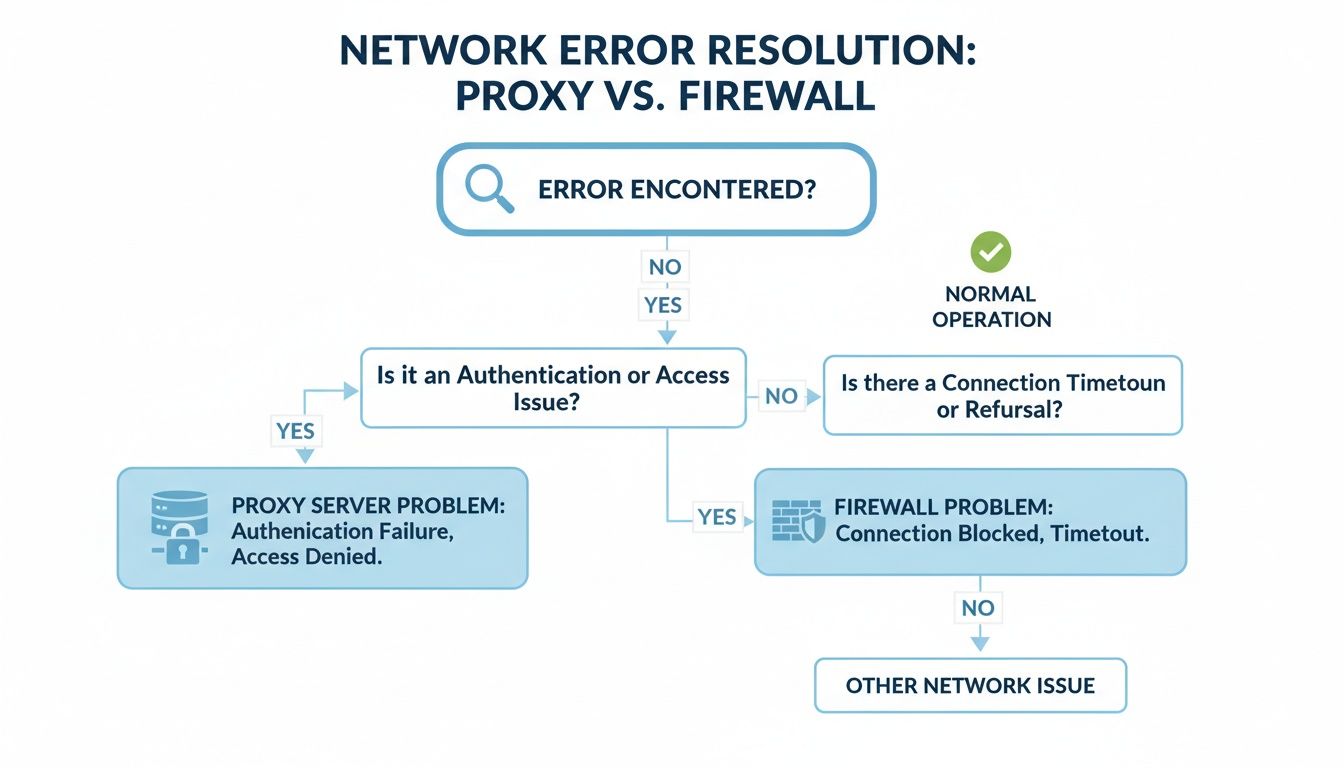 A flowchart detailing network error resolution, distinguishing between proxy and firewall problems.