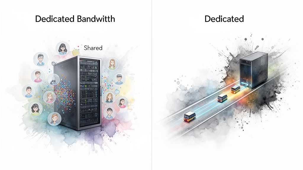 Visual comparison of shared bandwidth (many users) versus dedicated server resources (clear path).
