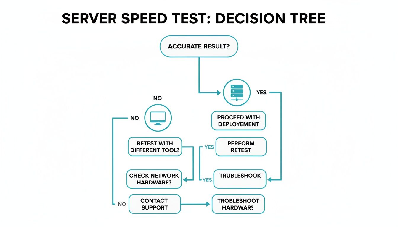 A decision tree flowchart for server speed test results, outlining steps for validation and troubleshooting inaccurate outcomes.