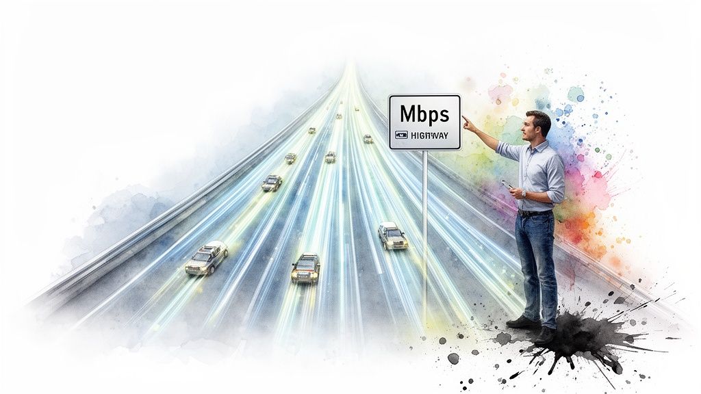 Man points at an 'Mbps Highway' sign, symbolizing fast internet data transmission.