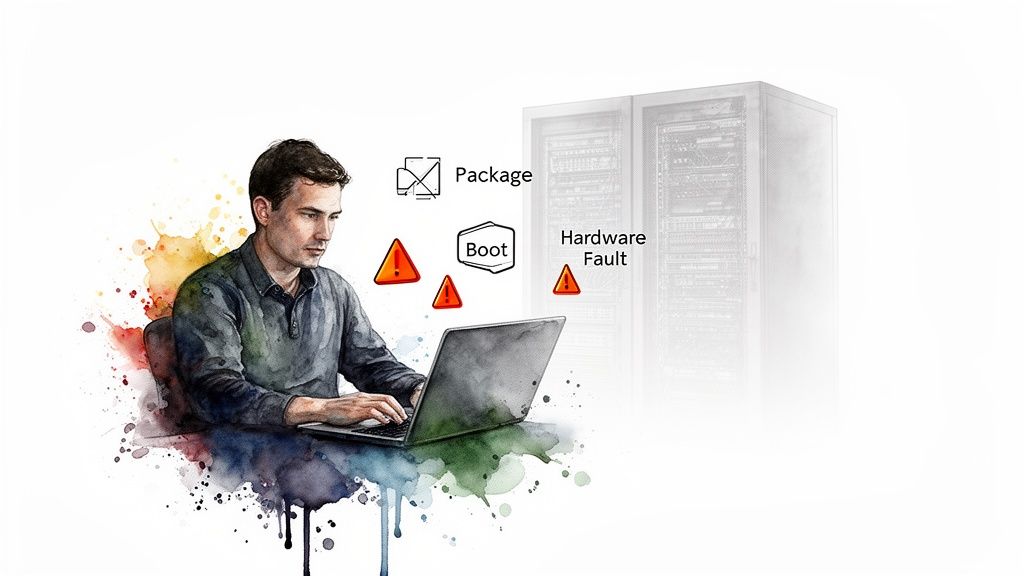 An IT professional troubleshoots software and hardware faults on a laptop near server racks.