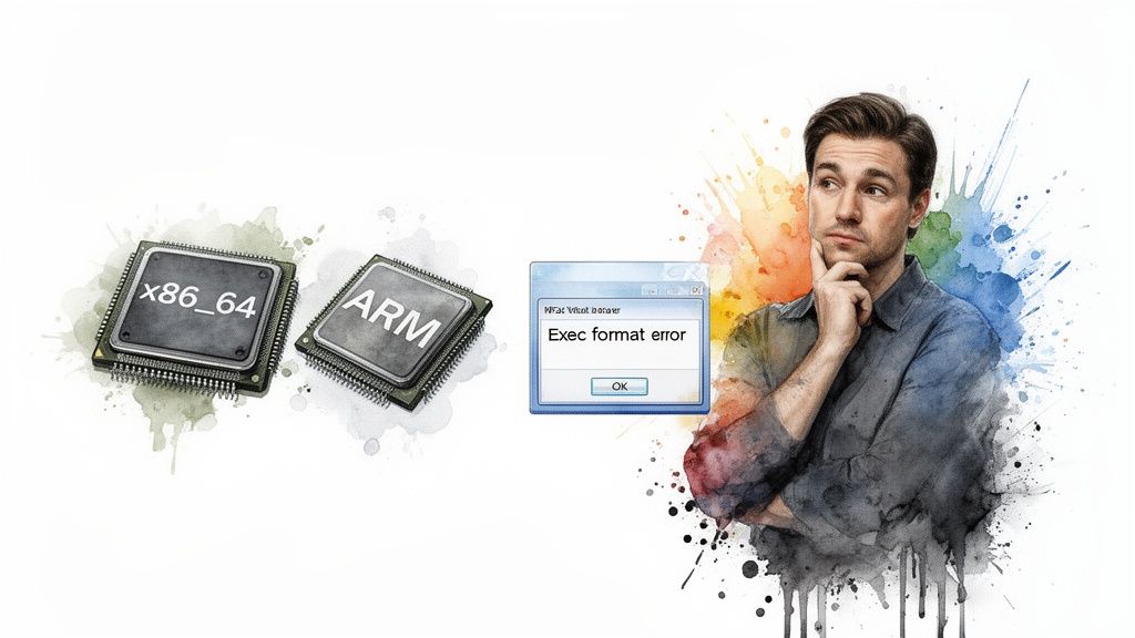 A man ponders an "Exec format error" message between x86_64 and ARM processor chips.