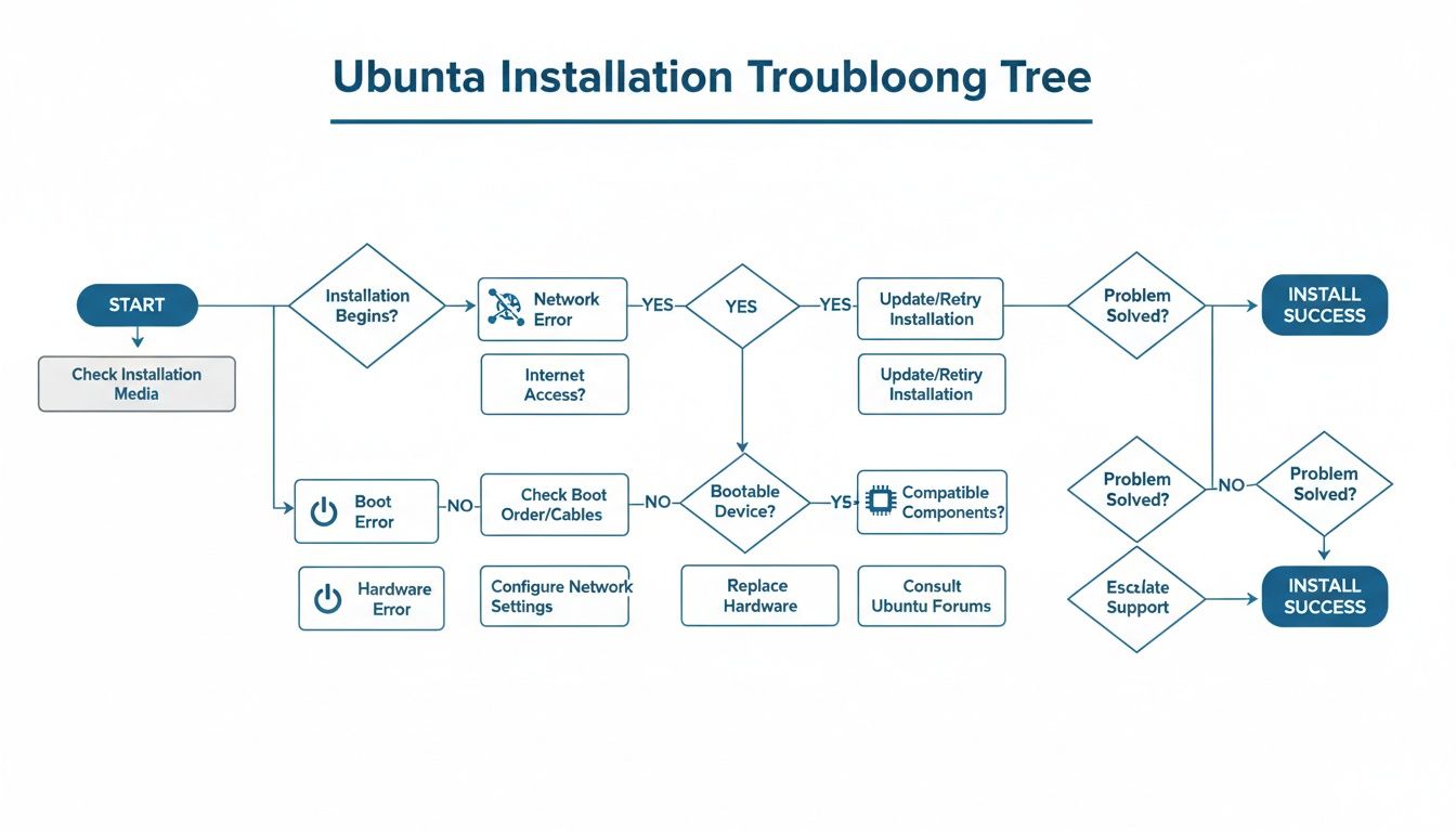 A detailed flowchart for troubleshooting common Ubuntu installation errors, covering network, boot, and hardware issues.