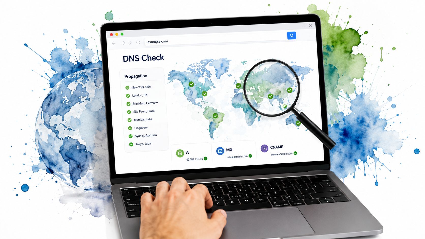 A person using a laptop to check DNS propagation status on a world map with a magnifying glass.