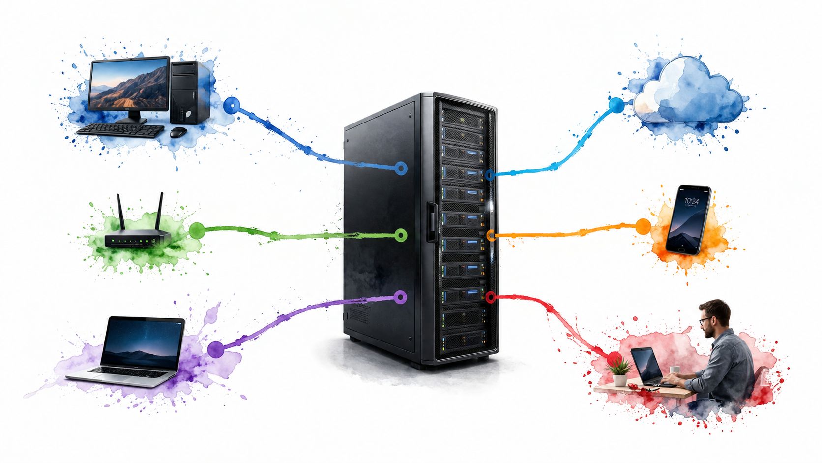 A server tower connected to various digital devices and a user representing a network environment.