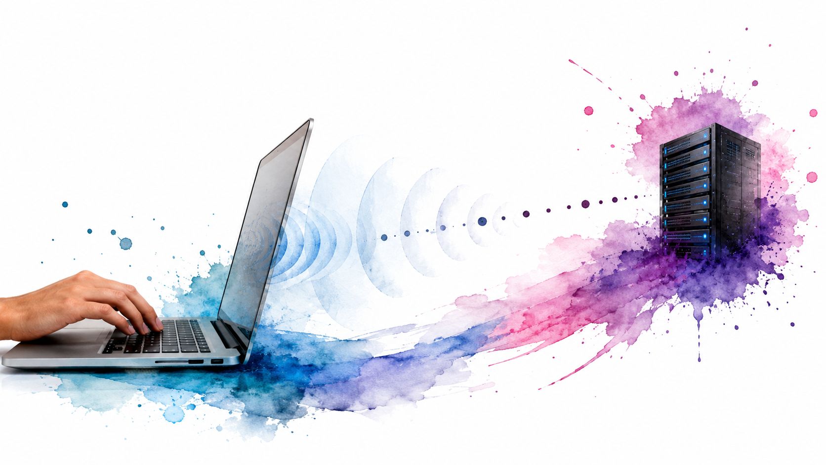 A person typing on a laptop connecting to a digital server represented with abstract watercolor artistic effects.