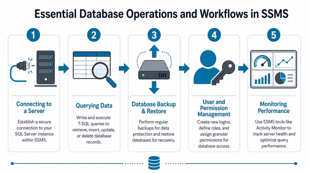 A flowchart infographic titled Essential Database Operations and Workflows in SSMS illustrating five key database management tasks.
