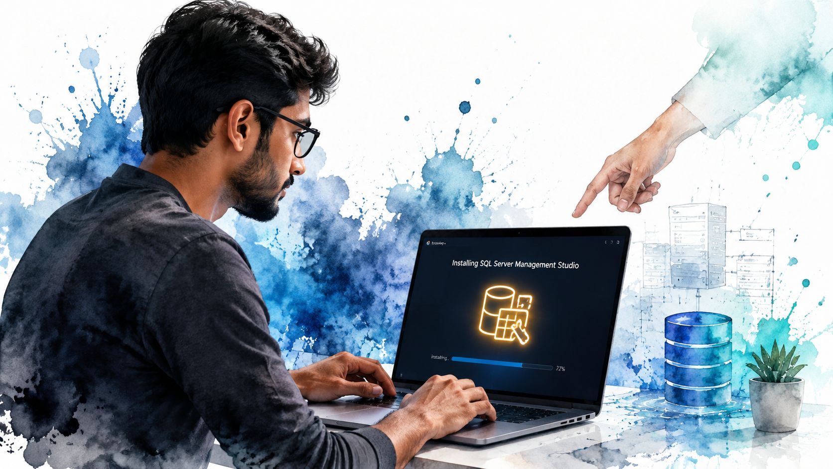 A man wearing glasses sitting at a laptop while installing SQL Server Management Studio software.