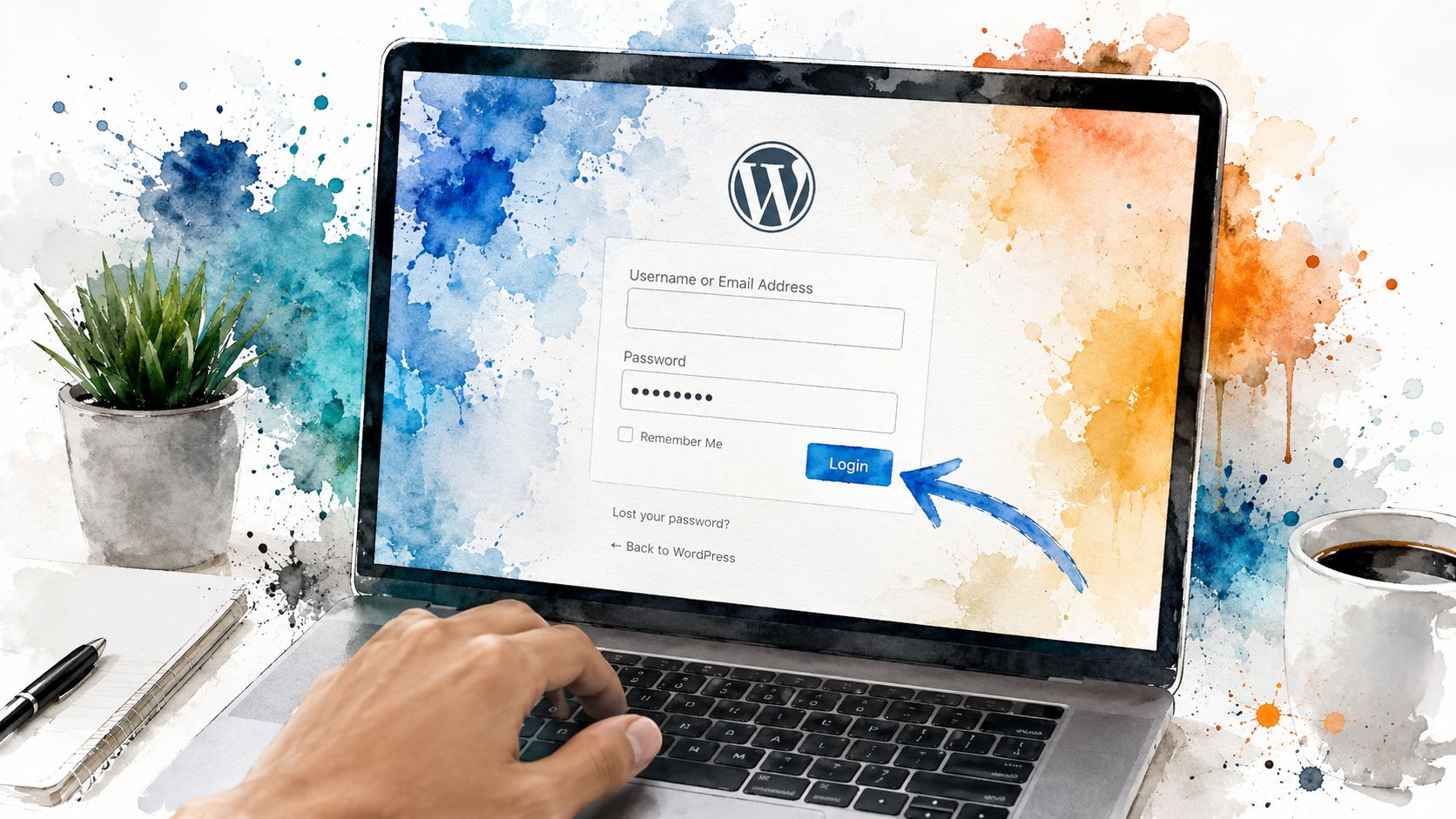 A laptop screen displaying a WordPress login page with a hand resting on the keyboard near a plant.