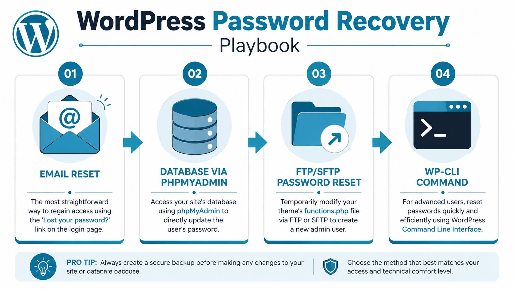 An infographic showing four methods for WordPress password recovery including email, database, FTP, and command line tools.