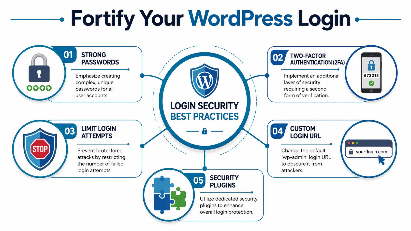 An infographic titled Fortify Your WordPress Login displaying five security best practices for website protection.