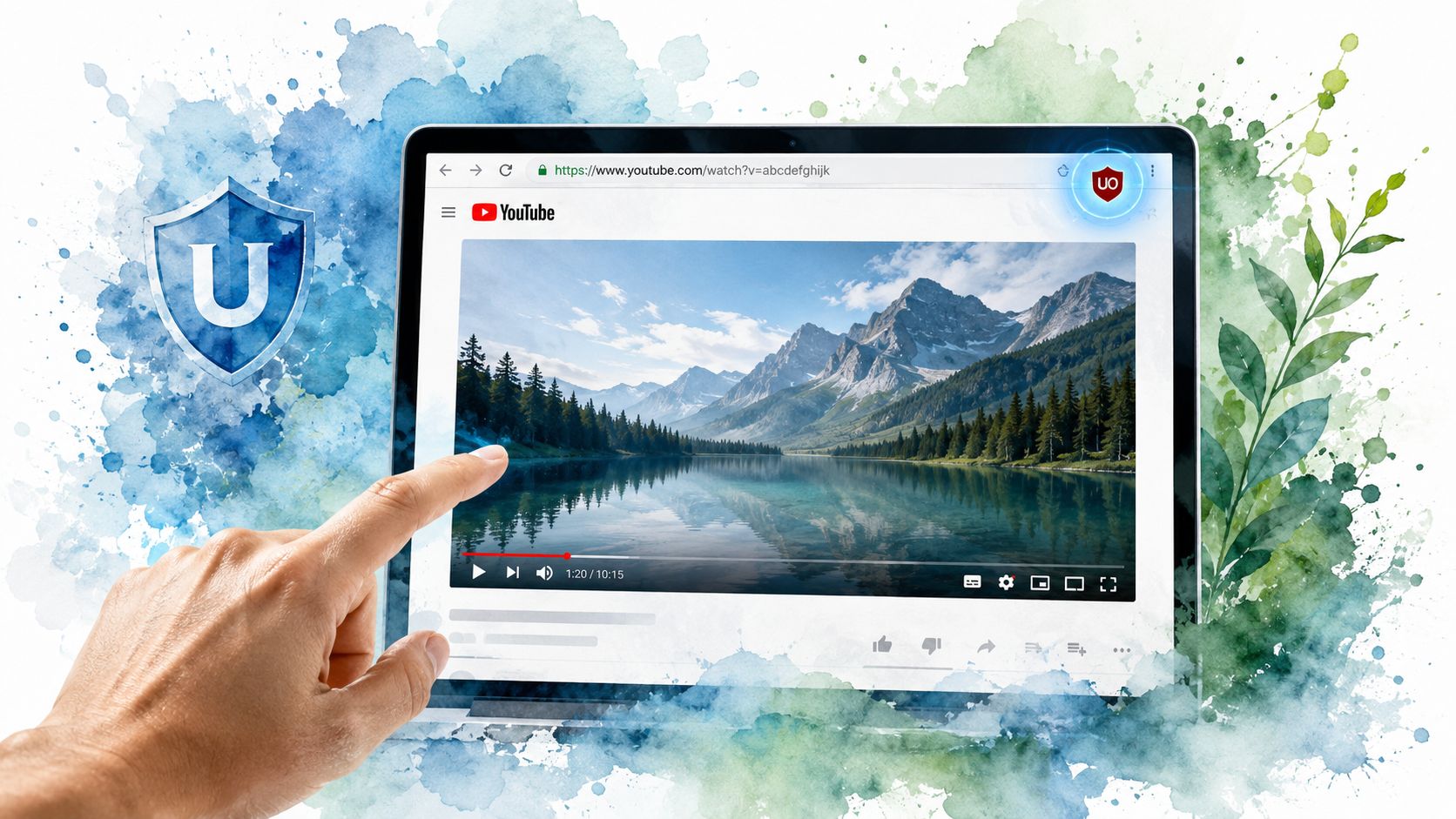 A hand touching a laptop screen displaying a YouTube video with an ad-blocker shield icon.