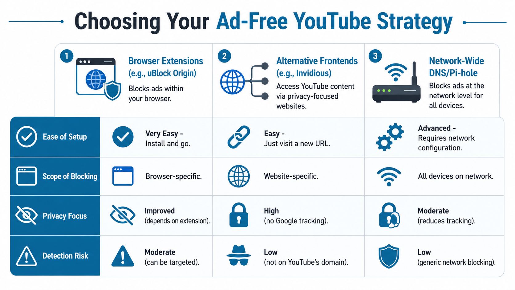 A comparison chart outlining three methods to watch YouTube ad-free using extensions, alternative frontends, or DNS blocking.